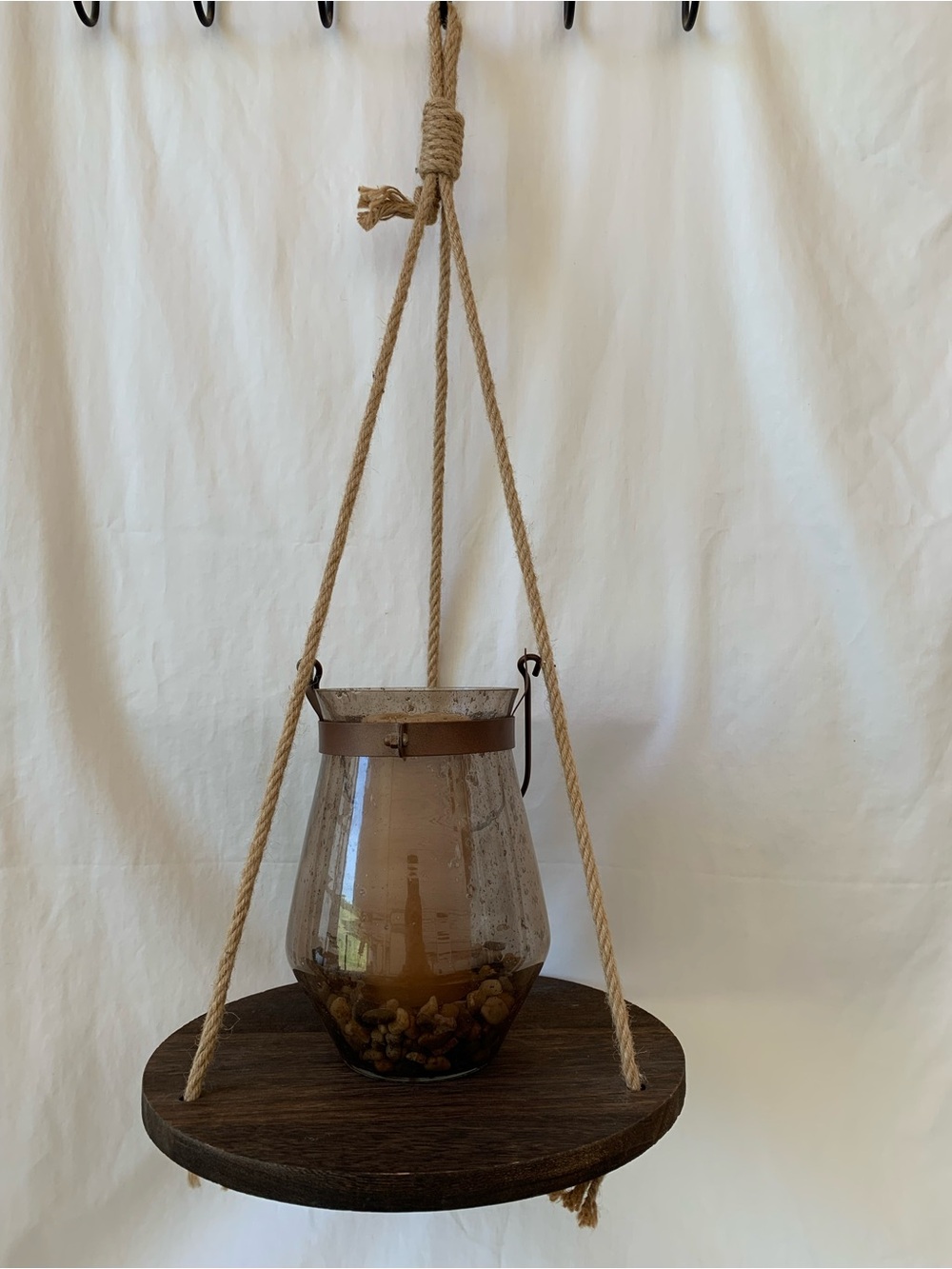 Hanging Round Shelf  with Wood Accent - Brown with tan rope.